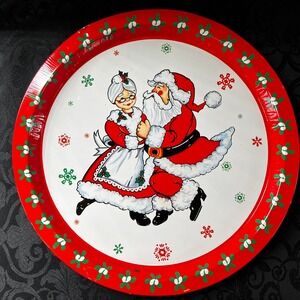 Vtg Giftco Christmas Metal Serving Tray Santa Mrs Claus Dancing 12.5" As Is